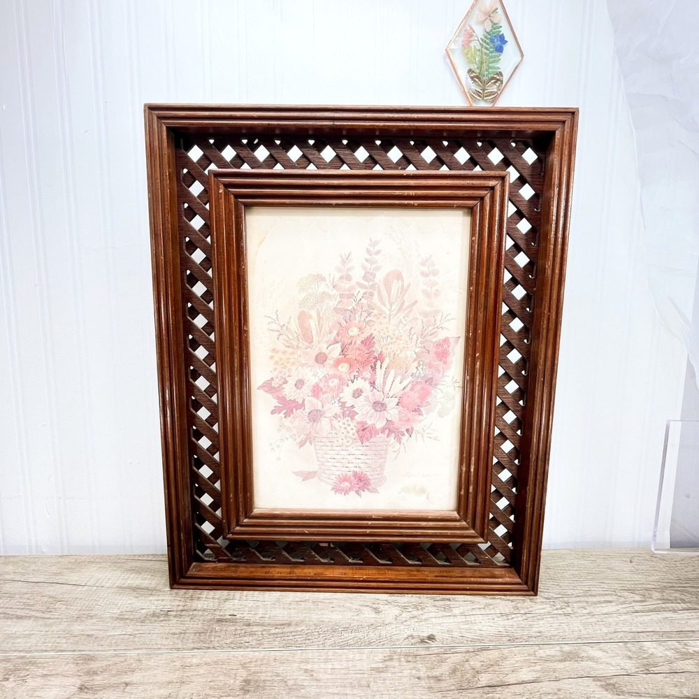 Vintage Wood Lattice Picture Frame‎ Floral Print 21x17 Flower Bouquet Art Double